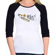 Baby Look Raglan Trombone Notas Musicais 3/4