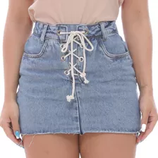 Saia Jeans Mini Feminina Cintura Alta Curta Com Cordão