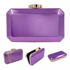 Carteira Bolsa De Festa Fucsia Clutch Metalizada Tipo Couro Cor Roxo Fecho Dourado