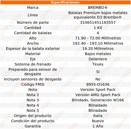 Balatas Bajos Metales Del Mercedes-benz Ml350 10/15 Brembo Foto 4