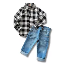 Conjunto Infantil Masculino Camisa Xadrez+calça Jeans Clara