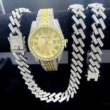 Reloj Iced Out Para Hombre, Brazalete Cubano Con Cadenas De