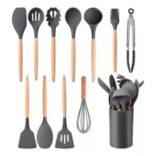 Kit 12 Utensílios Cozinha Silicone Cabo Madeira Chega Hj Sp Cor Cinza