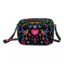 Bolsa Negra Flores Y Corazón Folklore Mexicano Crossbody