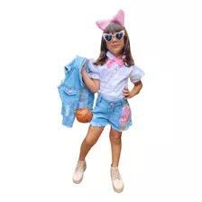 Conjunto Infantil Mini Diva Shortinho E Colete Jeans Luxinho