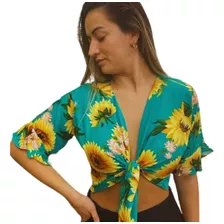 Cropped Blusa Feminina Curto Xadrez Manga Longa Com Botões