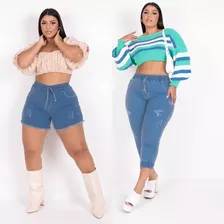 Kit Short E Calça Jeans Feminino Plus Size Lycra Premium
