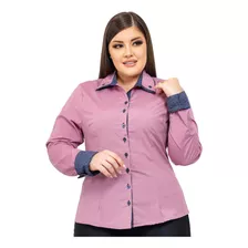 Camisa Manga Longa Detalhe Na Gola Plus Size 