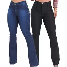 Kit 2 Calça Jeans Feminina Flare Cintura Alta Boca De Sino