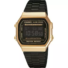 Reloj Pulsera Casio Vintage A-168 De Cuerpo Color Dorado, Digital, Fondo Negro, Con Correa De Acero Inoxidable Color Negro, Dial Gris, Minutero/segundero Gris, Bisel Color Dorado Y Hebilla De Gancho