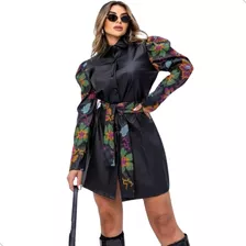 Vestido Feminino Couro Fake Curto Manga Longa Moda Parka