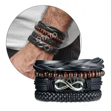  Pulsera Hombre Set 4 En 1 Pulseras Cuero Genuino Infinito