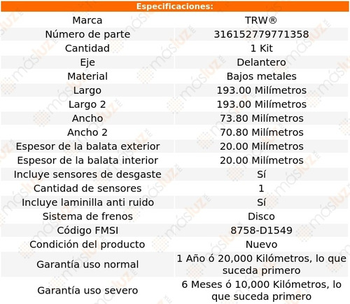 Balatas Bajos Metales Delanteras Audi A8 Quattro 13/14 Trw Foto 2