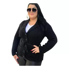 Casaco Blusa De Frio Botão Bolso Cinto Tricot Plus Size