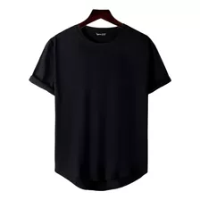 Camiseta Hombre Negra Corte Fit Long Básica Lisa Playera