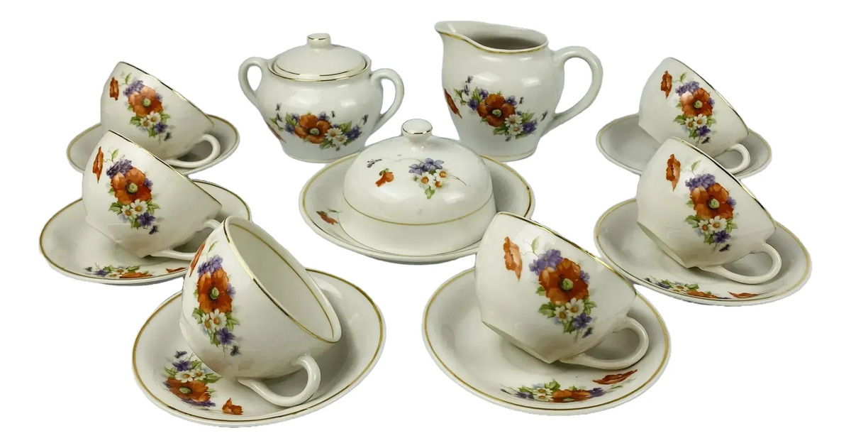 Jogo Xícaras De Chá Antigo Porcelana Floral 15 Peças Vintage Branco Floral