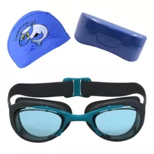 Óculos Estojo Touca Natação Infantil Profissional Lentes Uv Cor Preto-azul