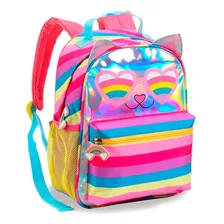 Mochila Bolsa Escolar Infantil Gatinho De Oculos Hologáfico Cor Água Desenho Do Tecido Gato