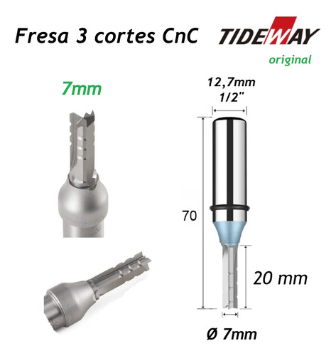 Fresa 7mm X 20mm X Haste 1/2  P/ Cnc Router 3 Cortes No Mdf