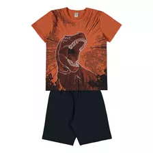 Conjunto Curto Camiseta Laranja Dino E Bermuda Moletom Preto