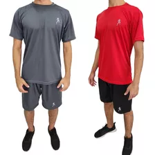 Kit 2 Camisetas Dry Fit Masculina + 2 Bermuda Short Academia