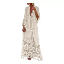 O9 Vestido Mujer Bohemio Talla Grande Escote En V Color Sóli