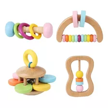 Kit Sonajeros Para Bebés 4 Piezas En Madera Montessori 