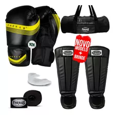 Kit Muay Thai Line Amarela Bandagem Bolsa Caneleira 12oz