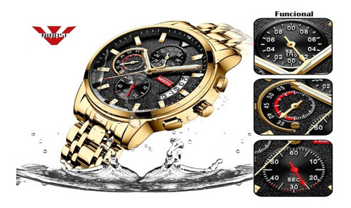 Relógio Masculino Dourado Nibosi 2358 Original Lançamento