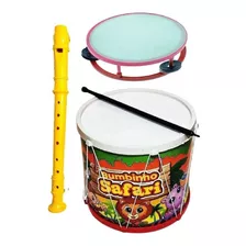 Kit 3 Instrumentos Infantil Flauta Pandeiro Bumbo 