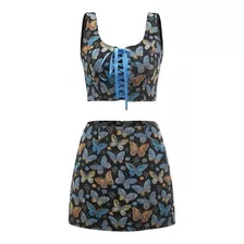 Falda Talle Alto Corta Top Bustier Crop Top Mariposas 