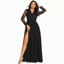 Vestido Largo Manga Larga Escote En V Con Encaje Para Mujer