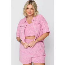 Shorts Plus Size Feminino Tweed Rosa Cess