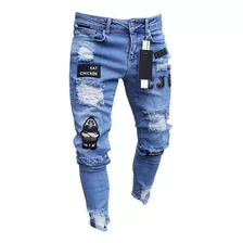 Calça Jeans Skinny Masculina Com Furos Rasgados Bordados
