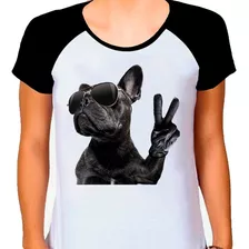 Camiseta Raglan Buldog Francês Cachorro Pet Dog Branca Fem06