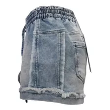 Shorts Feminino Jeans Azul Elástico E Cordão Bolsos Atrás