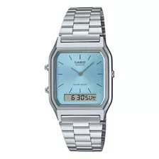 Reloj Casio Vintage Aq230a Aq-230a Analogo Digital Wr Malla Plateado Bisel Plateado Fondo Celeste