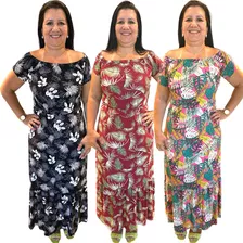 Kit 3 Vestido Longo Ciganinha Feminino Plus Size Soltinho