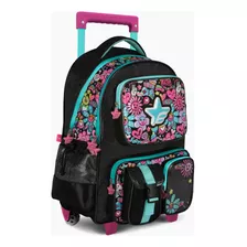 Mochila Footy Carro Escolar Flowers Flores Con Luz 45 Cm Color Negro