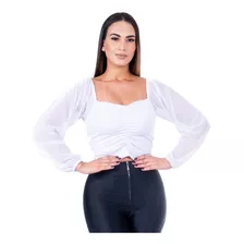 Cropped Juliette Top Com Tule Blusinha Manga Long Tendencia