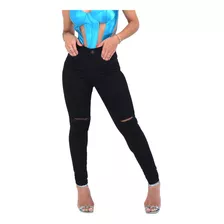 Calça Jeans Feminina Skinny Lycra Rasgos Joelhos Com Bolsos 