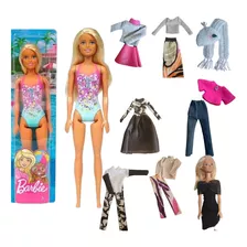 Muñeca Barbie Playa Original Mattel + 8 Conjuntos De Ropa