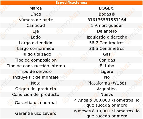 1- Amortiguador Gas Delantero Izq/der A160 00/04 Boge Bogas Foto 2