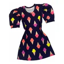 Vestido Infantil Manga Bufante Estampa Sorvete Verão Trend 