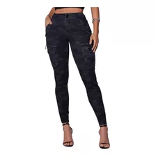 Calça Feminina Jeans Cargo Camuflada Tendência Modeladora 