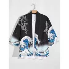 Kimono Oversize Estampado, La Gran Ola De Kanagawa Caballero