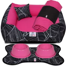 Kit Cama Caminha 4 Peças Para Cachorro - Tamanho M 60x60 Cor Folha Black Pink