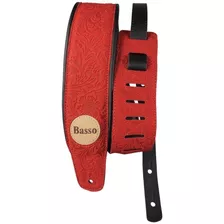 Correia Guitarra Violão Baixo Basso Couro Floral Vermelho