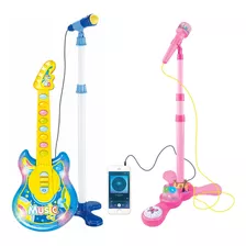 Guitarra Infantil Musical Emite Som Verdade + Microfone Rosa