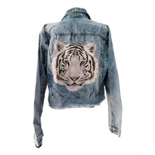 Jaqueta Jeans Feminina Tigre Branco Tamanho Gg